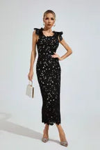 Galilea Black Lace Bow-Shoulder Midi Dress