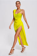 LLstyle Lime Draped Bustier Slit Dress