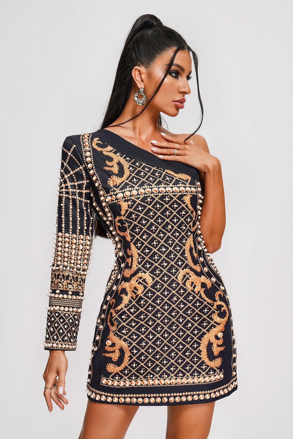 Gianna One Shoulder Pearl Embellished Mini Dress