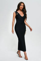 Paris Black Gold-Detail Slit Midi Dress