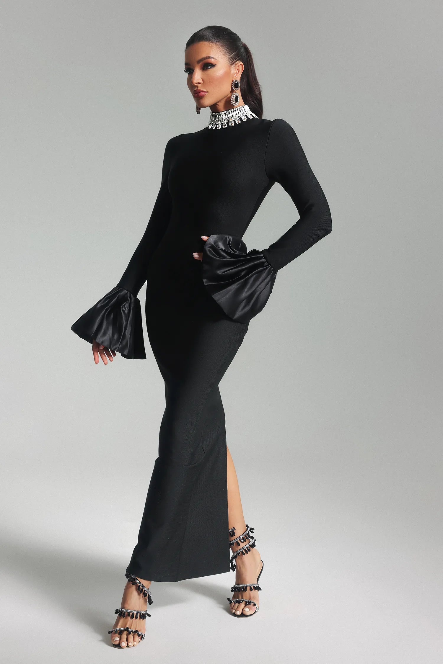 LLstyle Shining Diamonds Neck Flare Sleeve Long Dress