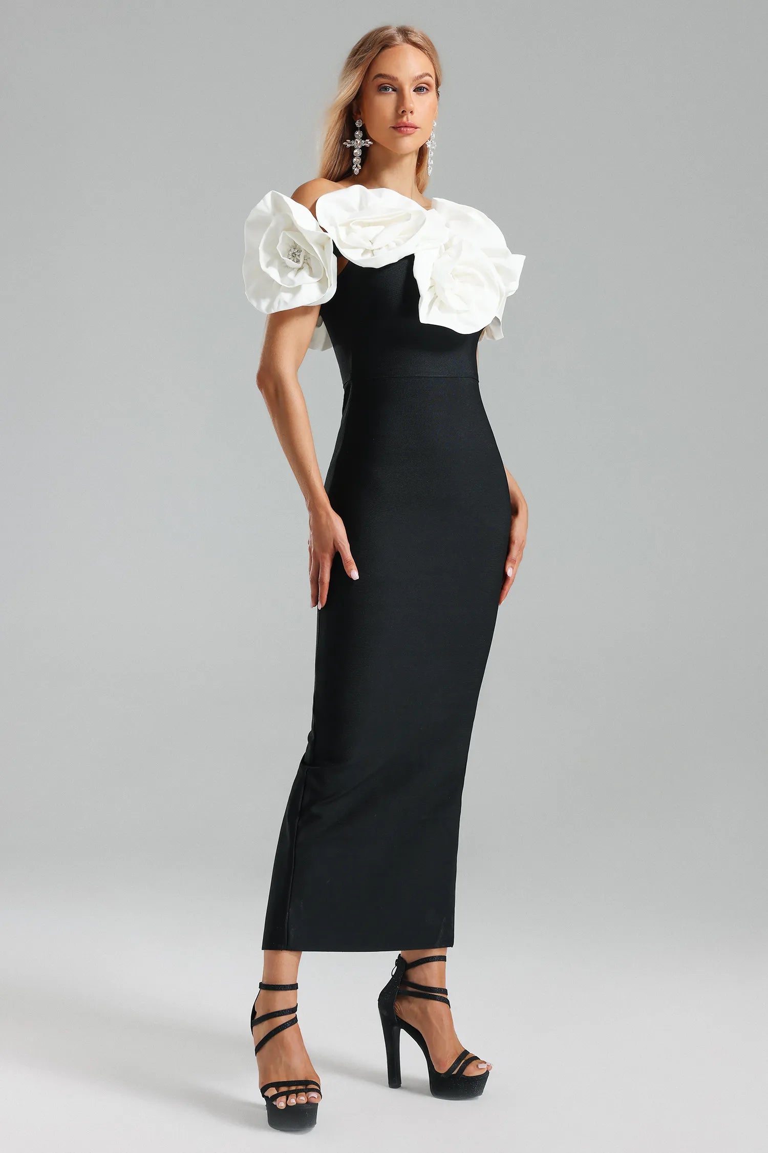 LLstyle Elegant Black Floral Off-Shoulder Midi Dress