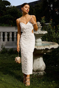 LLstyle V Neck White Pearl Beading Cut Out Maxi Dress