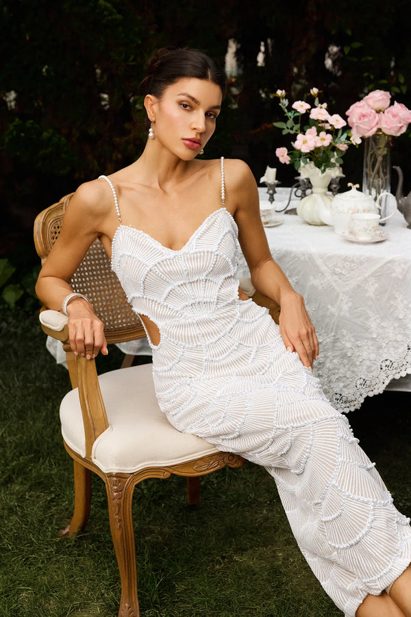 LLstyle V Neck White Pearl Beading Cut Out Maxi Dress
