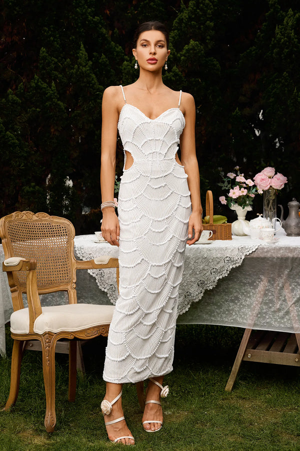 LLstyle V Neck White Pearl Beading Cut Out Maxi Dress