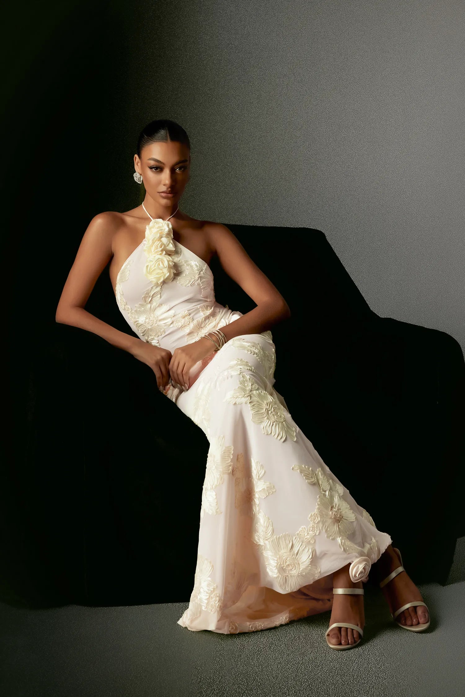 LLstyle Floral Appliqué Halter Maxi Dress