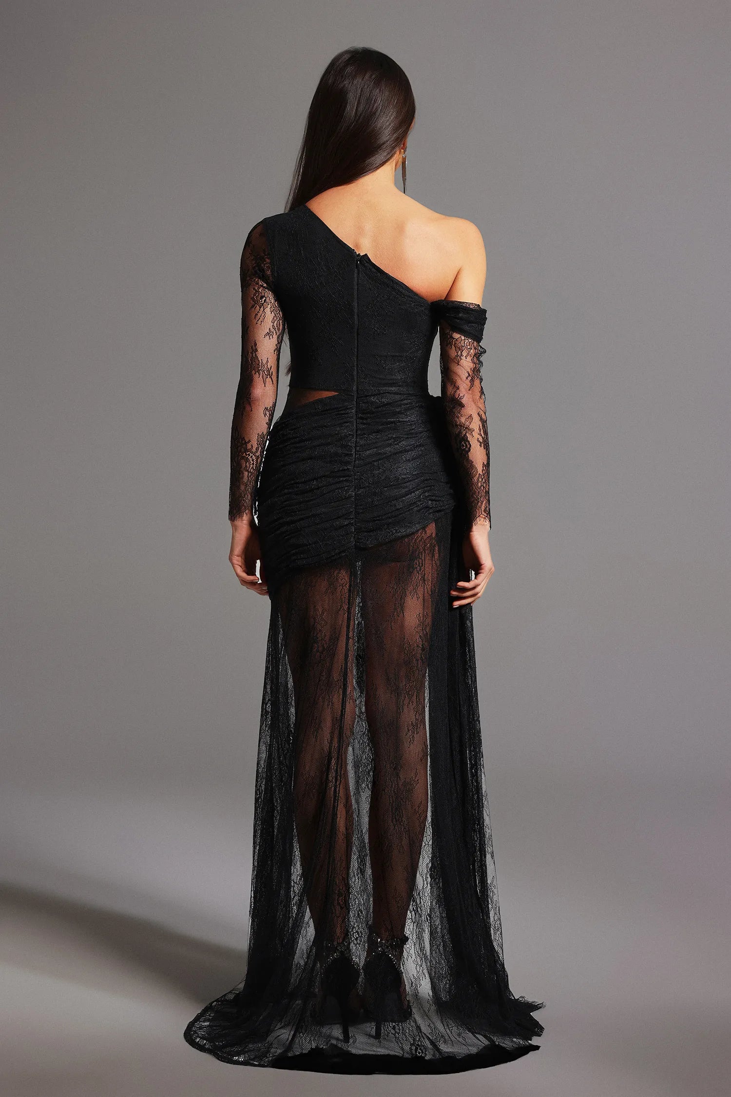 LLstyle Crystal Chain Embellished Sheer Panel Maxi Dress
