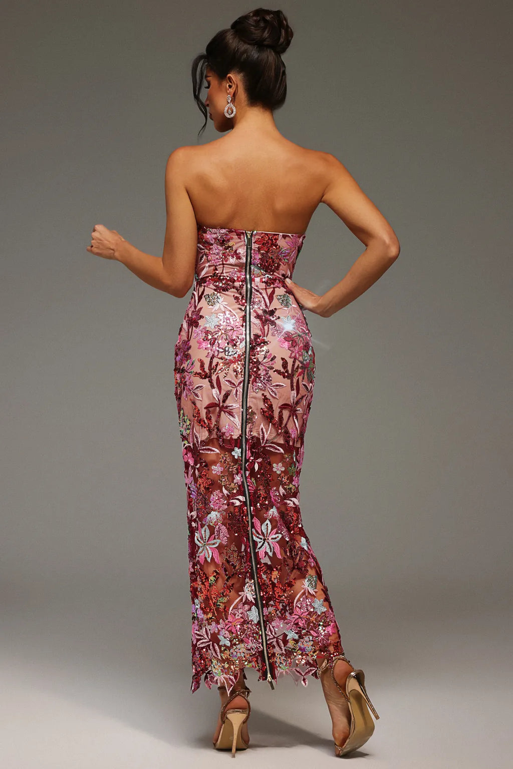 Lily Floral Sequin Strapless Mesh Gown