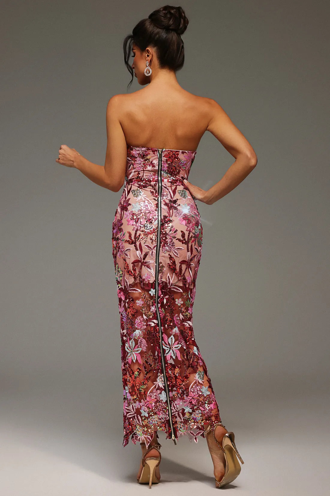 LLstyle Floral Sequin Strapless Mesh Gown