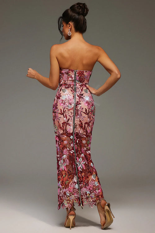 LLstyle Floral Sequin Strapless Mesh Gown