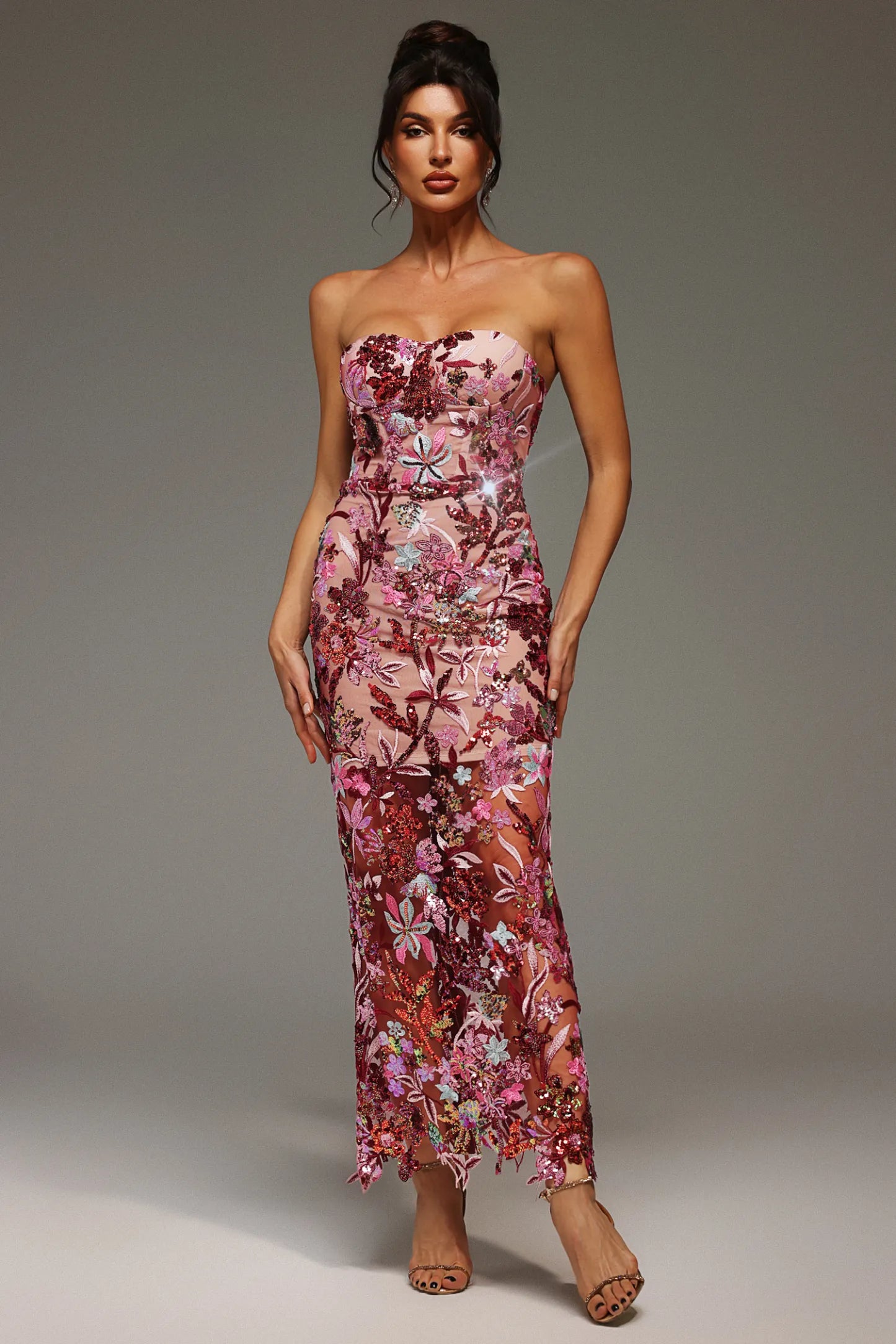 LLstyle Floral Sequin Strapless Mesh Gown
