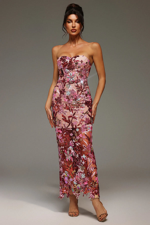 LLstyle Floral Sequin Strapless Mesh Gown