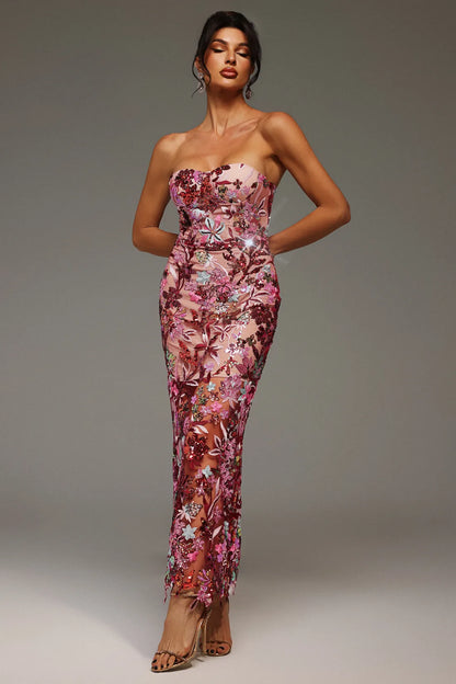 LLstyle Floral Sequin Strapless Mesh Gown