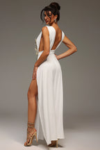 Kesha Deep-V Embellished White Evening Gown