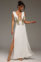 Kesha Deep-V Embellished White Evening Gown