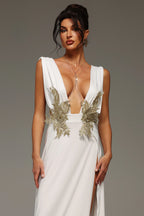 Kesha Deep-V Embellished White Evening Gown