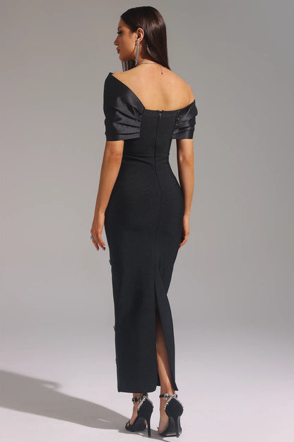 LLstyle Solid Color Knitted Teardrop Pendant Off Shoulder Black Dress