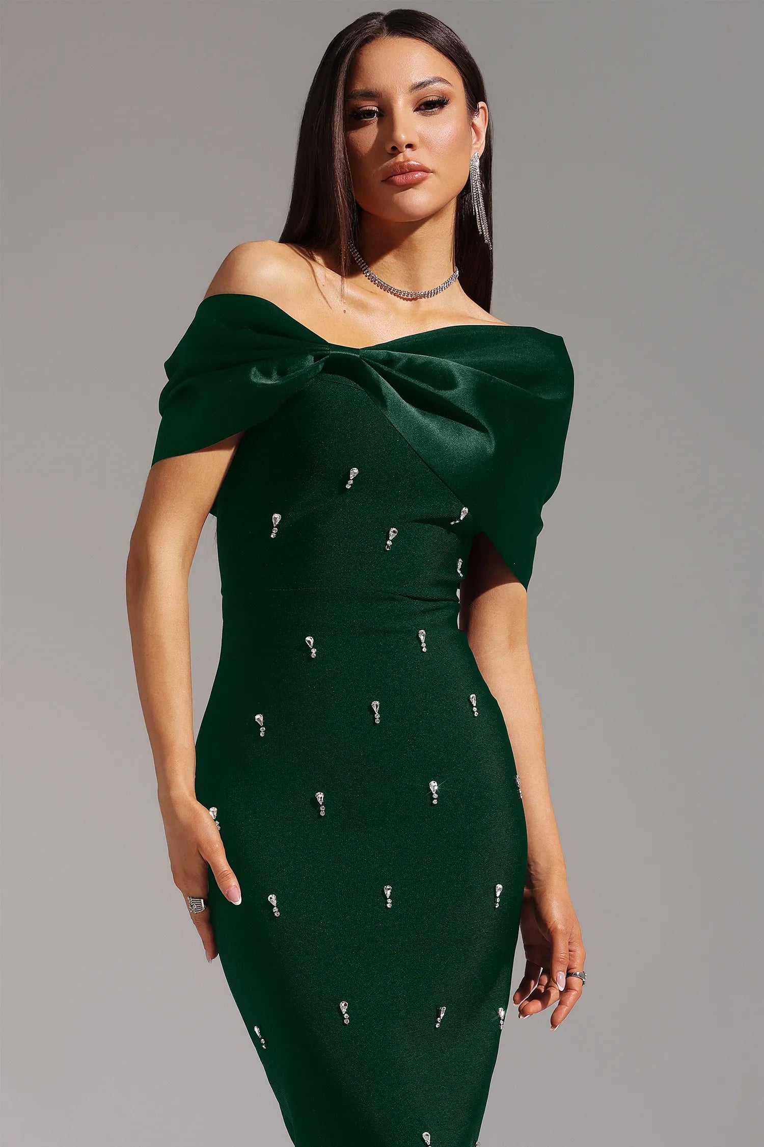 LLstyle Sleeveless One Shoulder Diamond Bow Bandage Maxi Dress