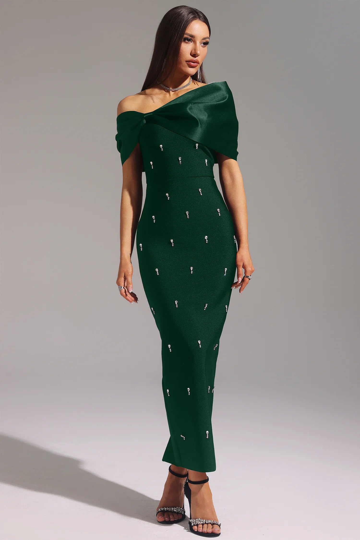 LLstyle Sleeveless One Shoulder Diamond Bow Bandage Maxi Dress