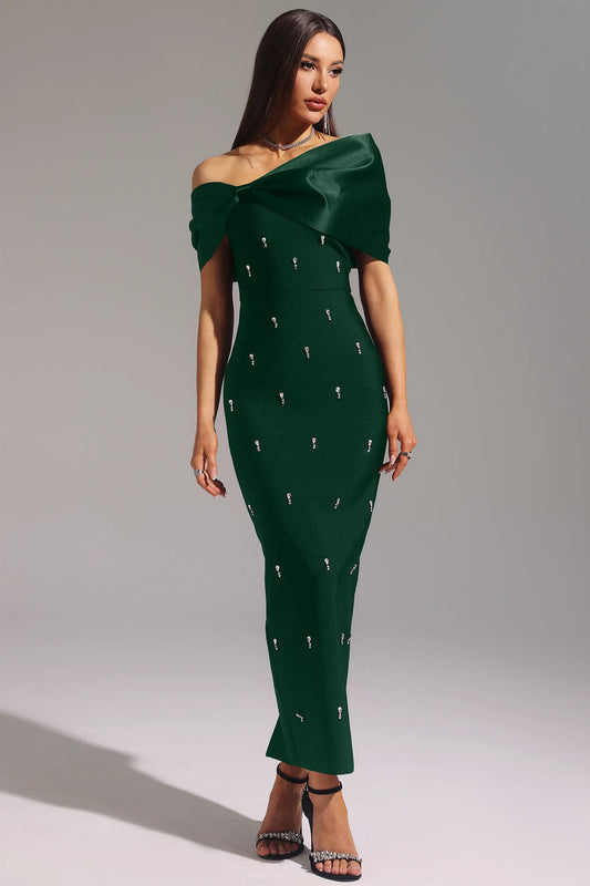 LLstyle Sleeveless One Shoulder Diamond Bow Bandage Maxi Dress