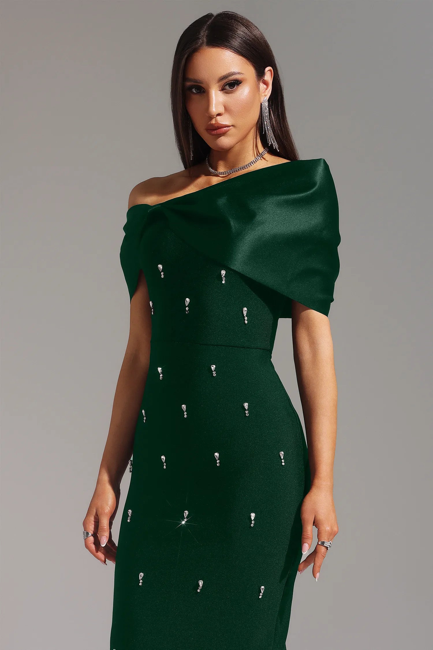 LLstyle Sleeveless One Shoulder Diamond Bow Bandage Maxi Dress