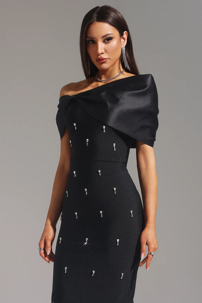 LLstyle Solid Color Knitted Teardrop Pendant Off Shoulder Black Dress