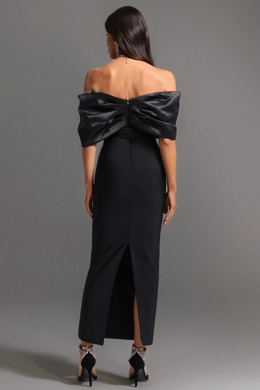 LLstyle Black Off-Shoulder Satin Embellished Jumpsuit
