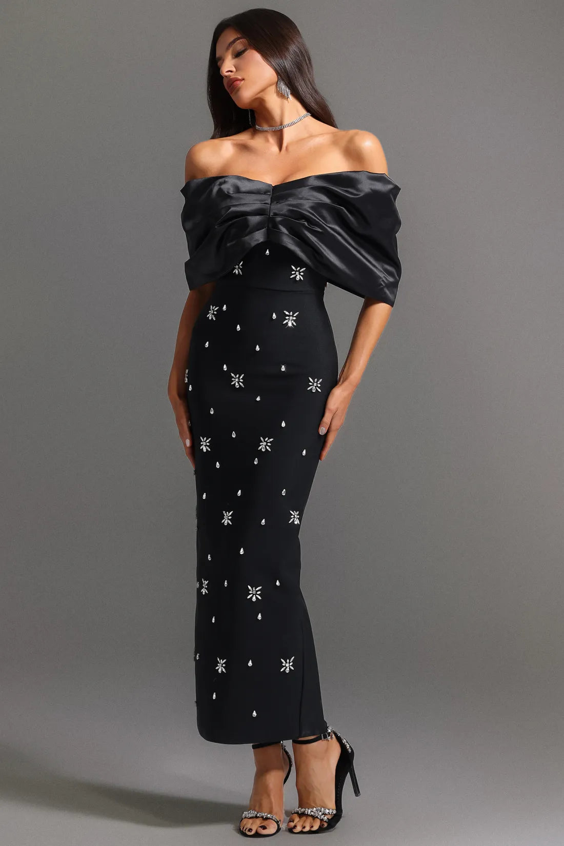 LLstyle Black Off-Shoulder Satin Embellished Jumpsuit
