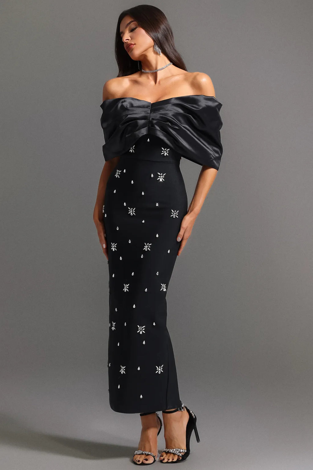 LLstyle Black Off-Shoulder Satin Embellished Jumpsuit