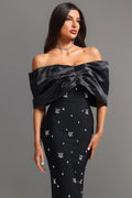 LLstyle Black Off-Shoulder Satin Embellished Jumpsuit