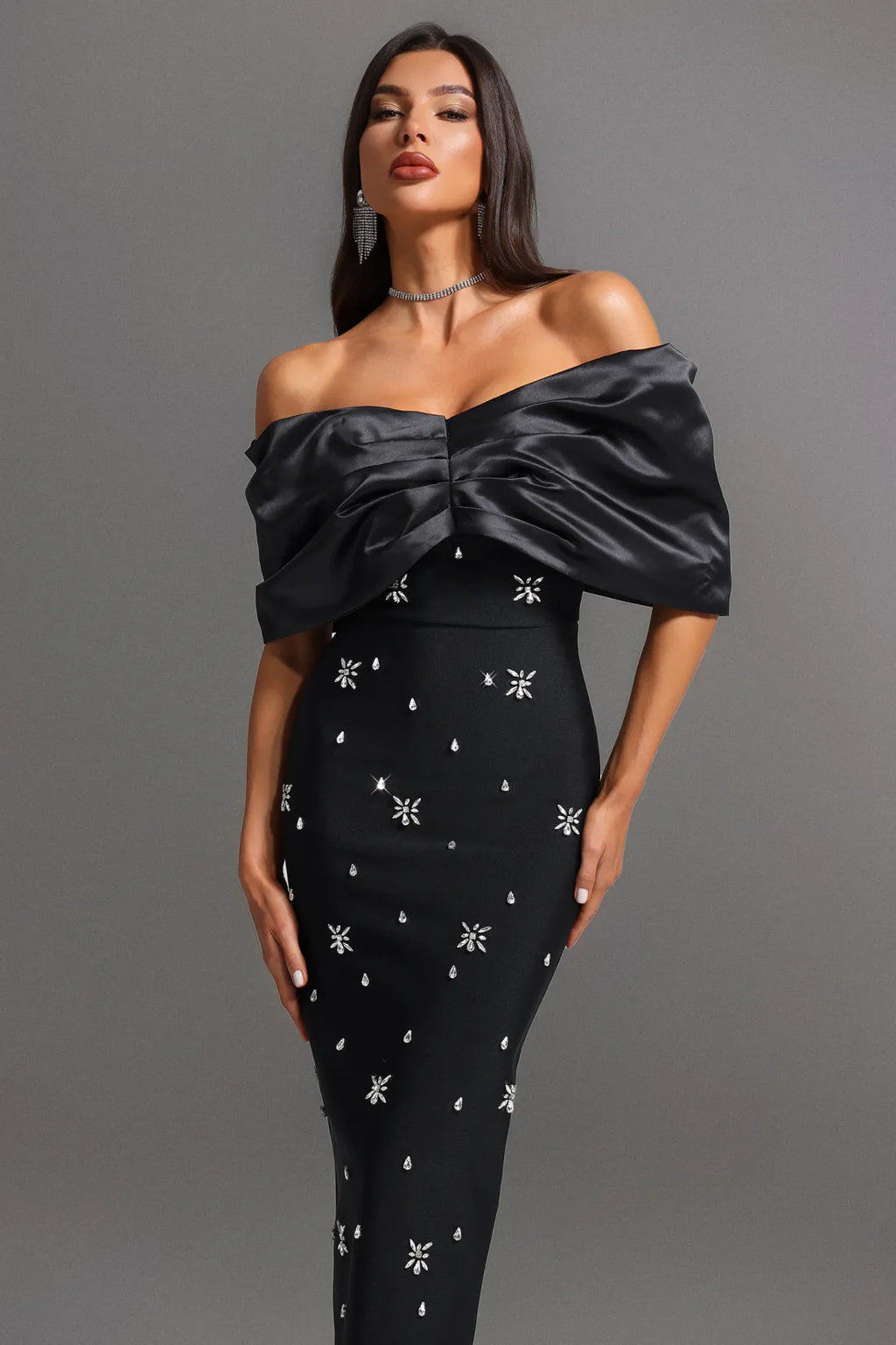 LLstyle Black Off-Shoulder Satin Embellished Jumpsuit