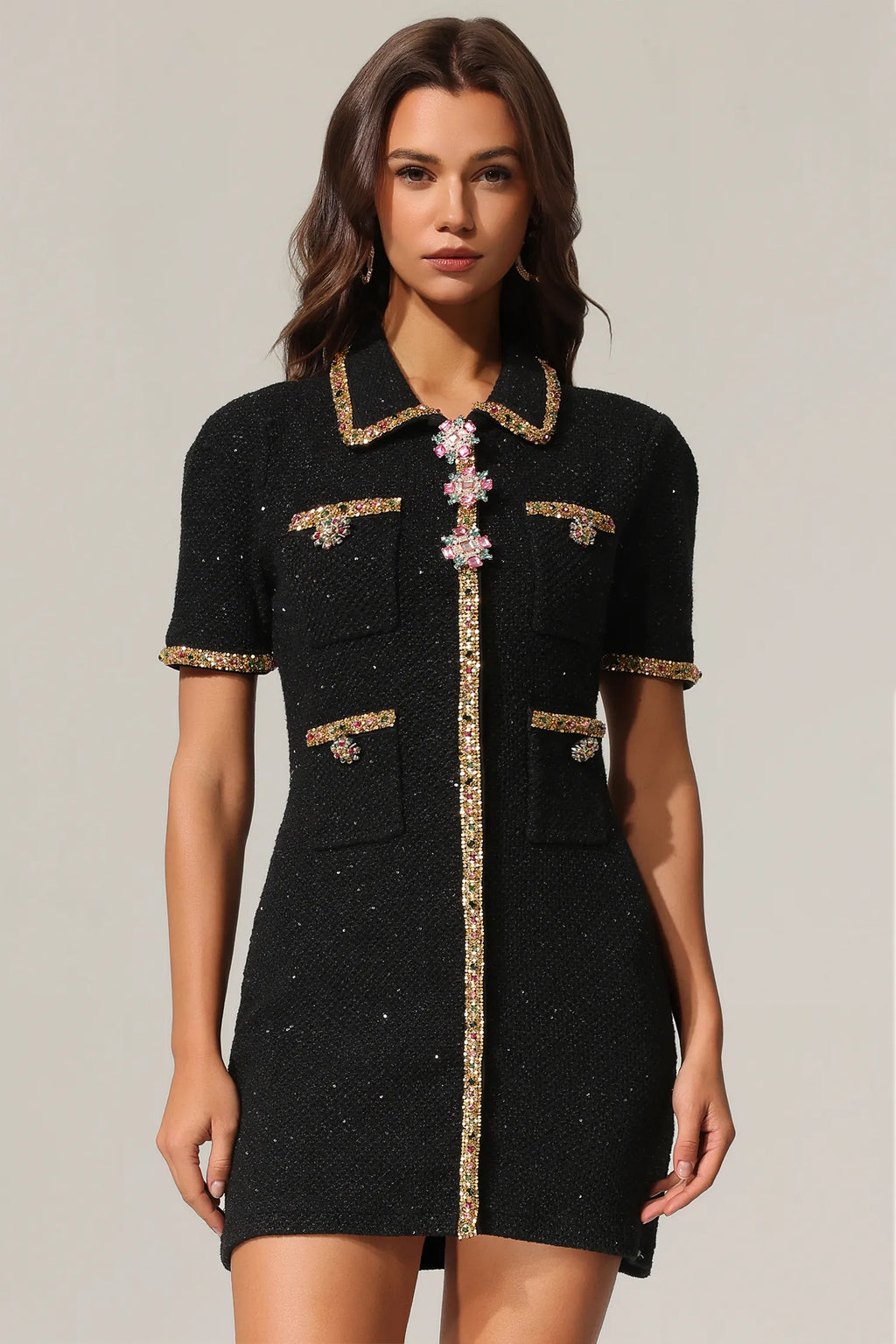 LLstyle Black Tweed Embellished Mini Dress
