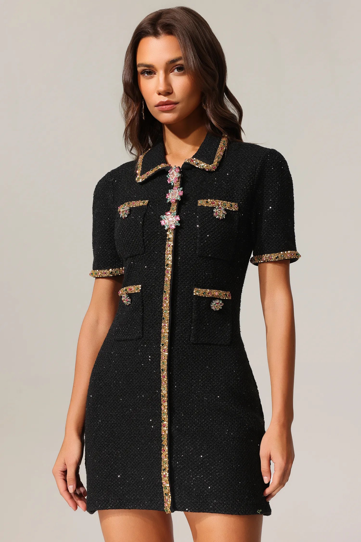 LLstyle Black Tweed Embellished Mini Dress