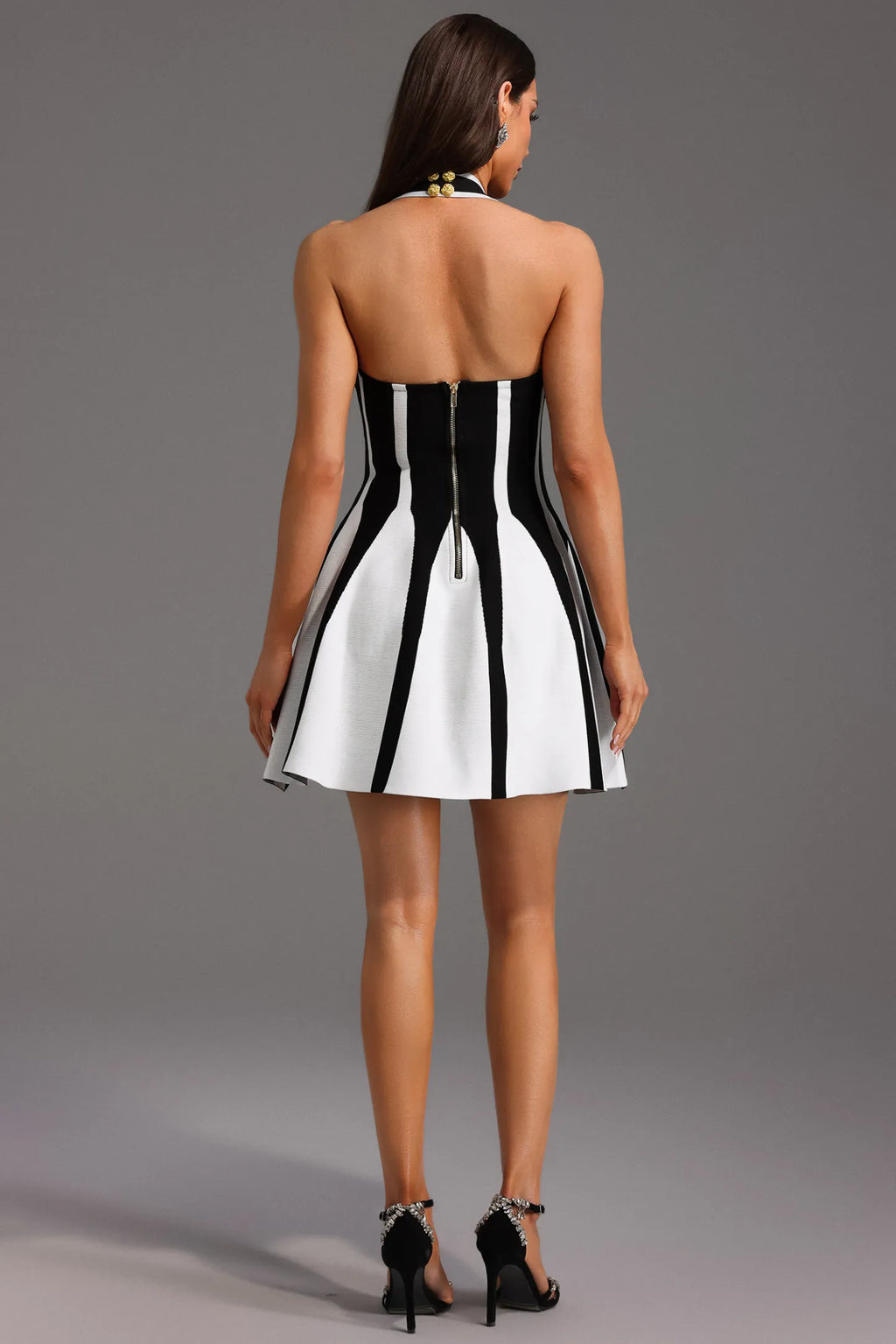 LLstyle Sexy Backless Halter Striped Black Mini Dress