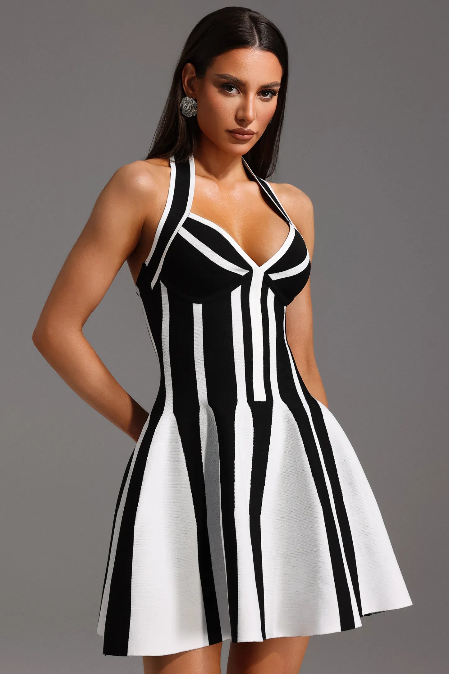 LLstyle Sexy Backless Halter Striped Black Mini Dress