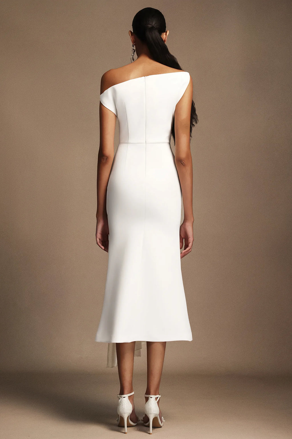 LLstyle One-Shoulder White Draped Midi Dress