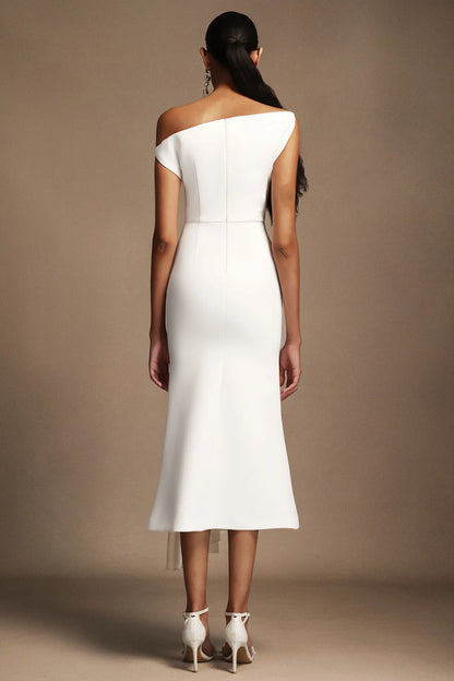 LLstyle One-Shoulder White Draped Midi Dress
