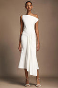 LLstyle One-Shoulder White Draped Midi Dress