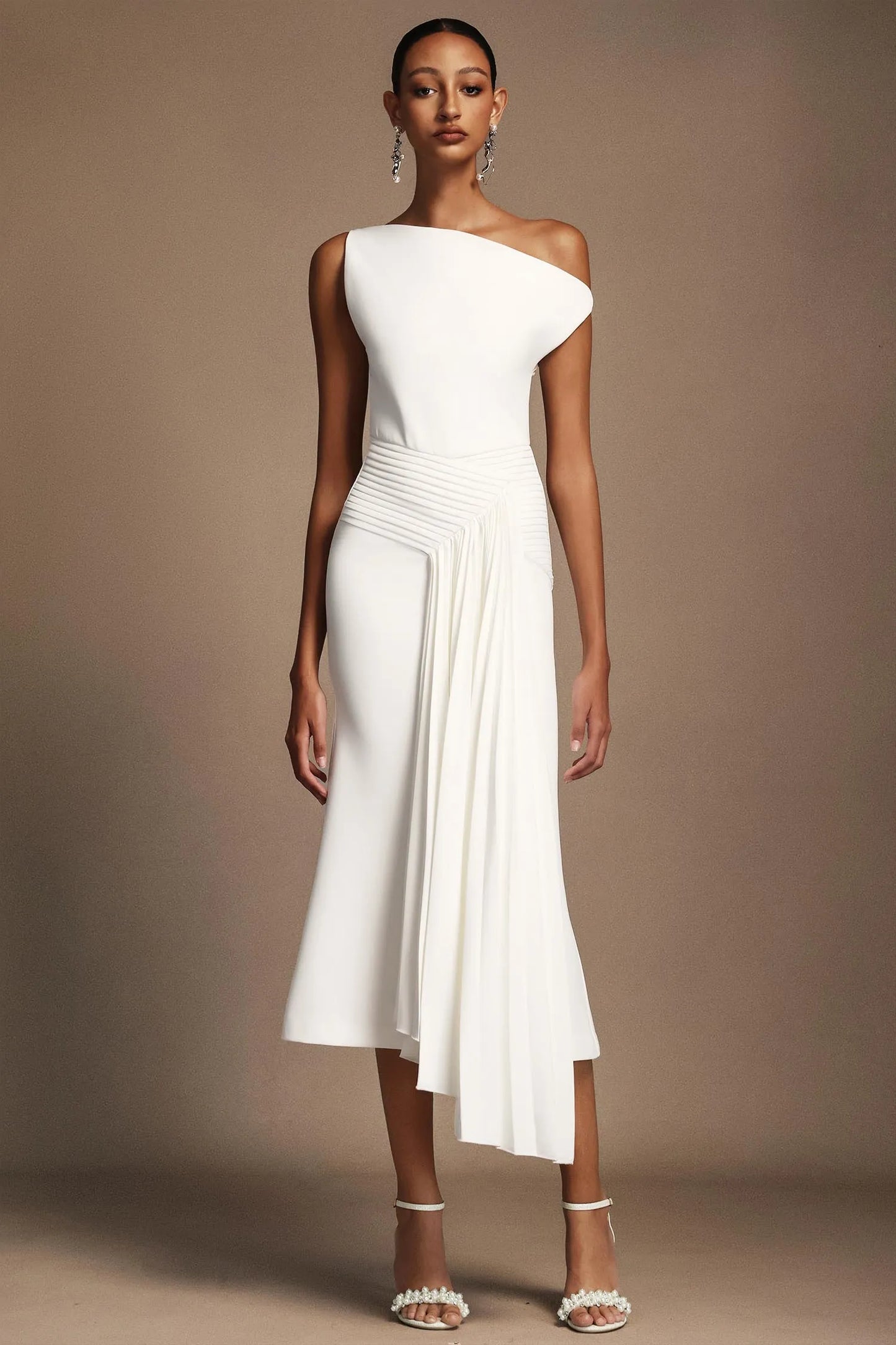 LLstyle One-Shoulder White Draped Midi Dress