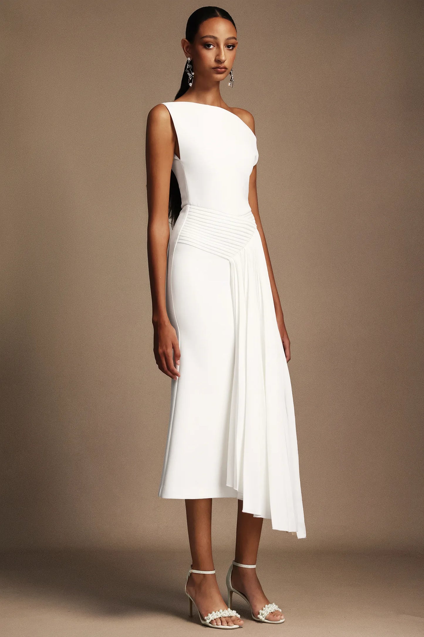 LLstyle One-Shoulder White Draped Midi Dress