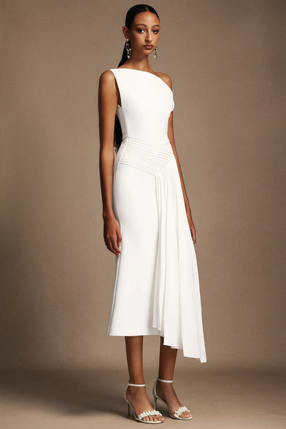 LLstyle One-Shoulder White Draped Midi Dress