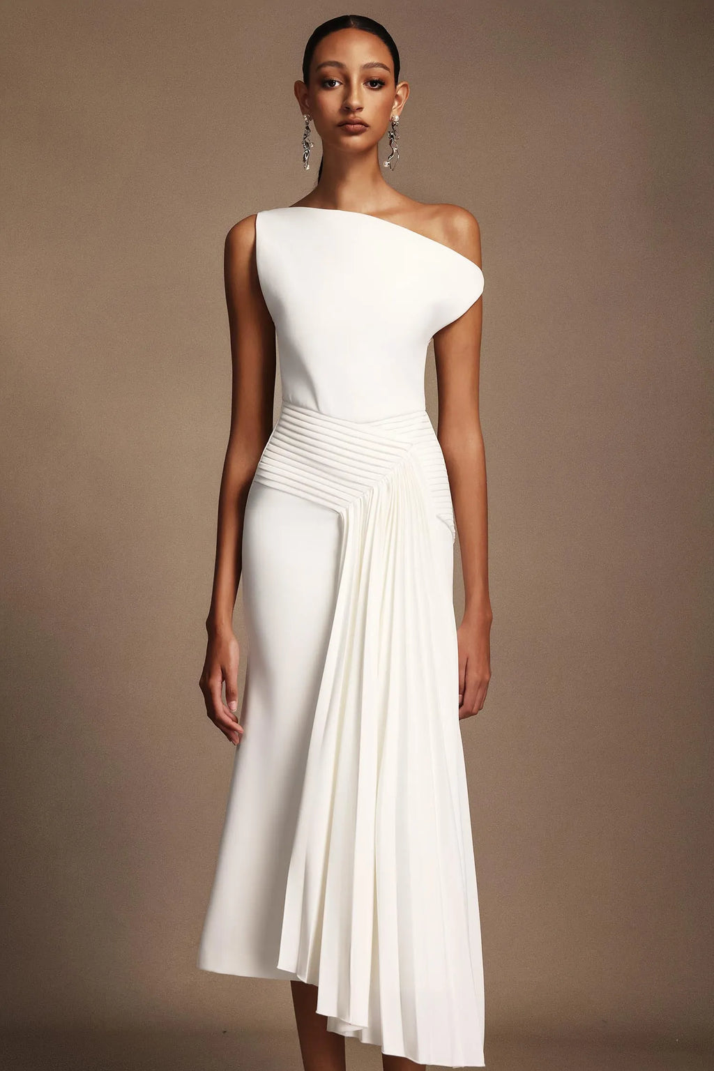 LLstyle One-Shoulder White Draped Midi Dress