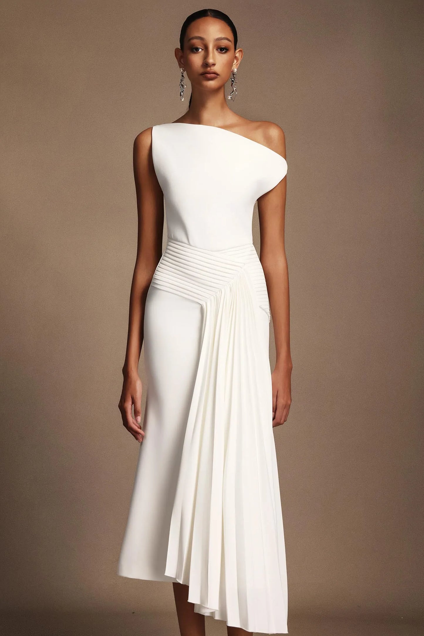 LLstyle One-Shoulder White Draped Midi Dress