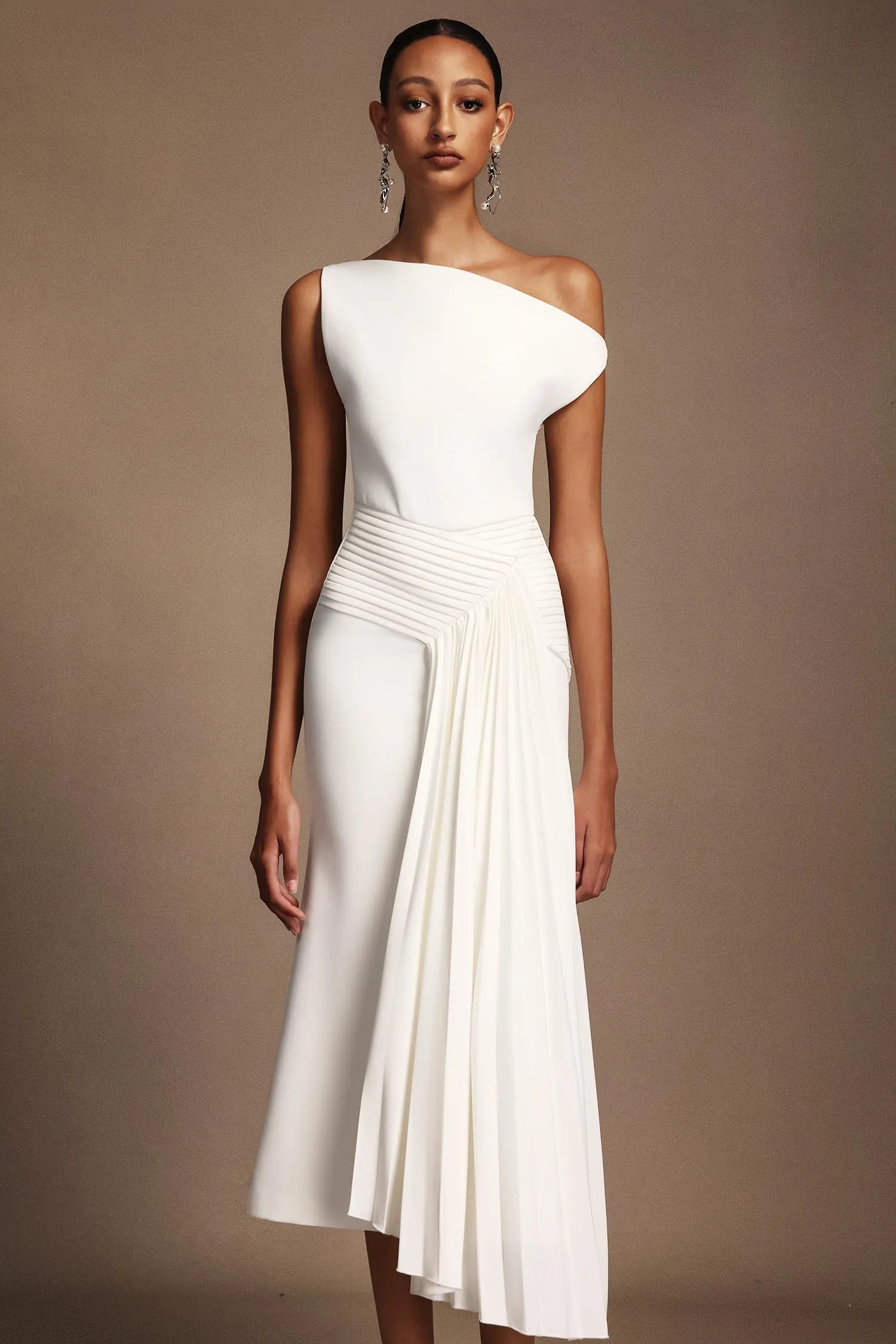 LLstyle One-Shoulder White Draped Midi Dress