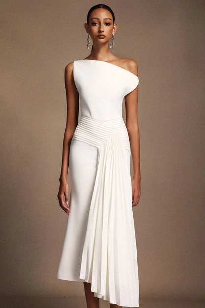 LLstyle One-Shoulder White Draped Midi Dress