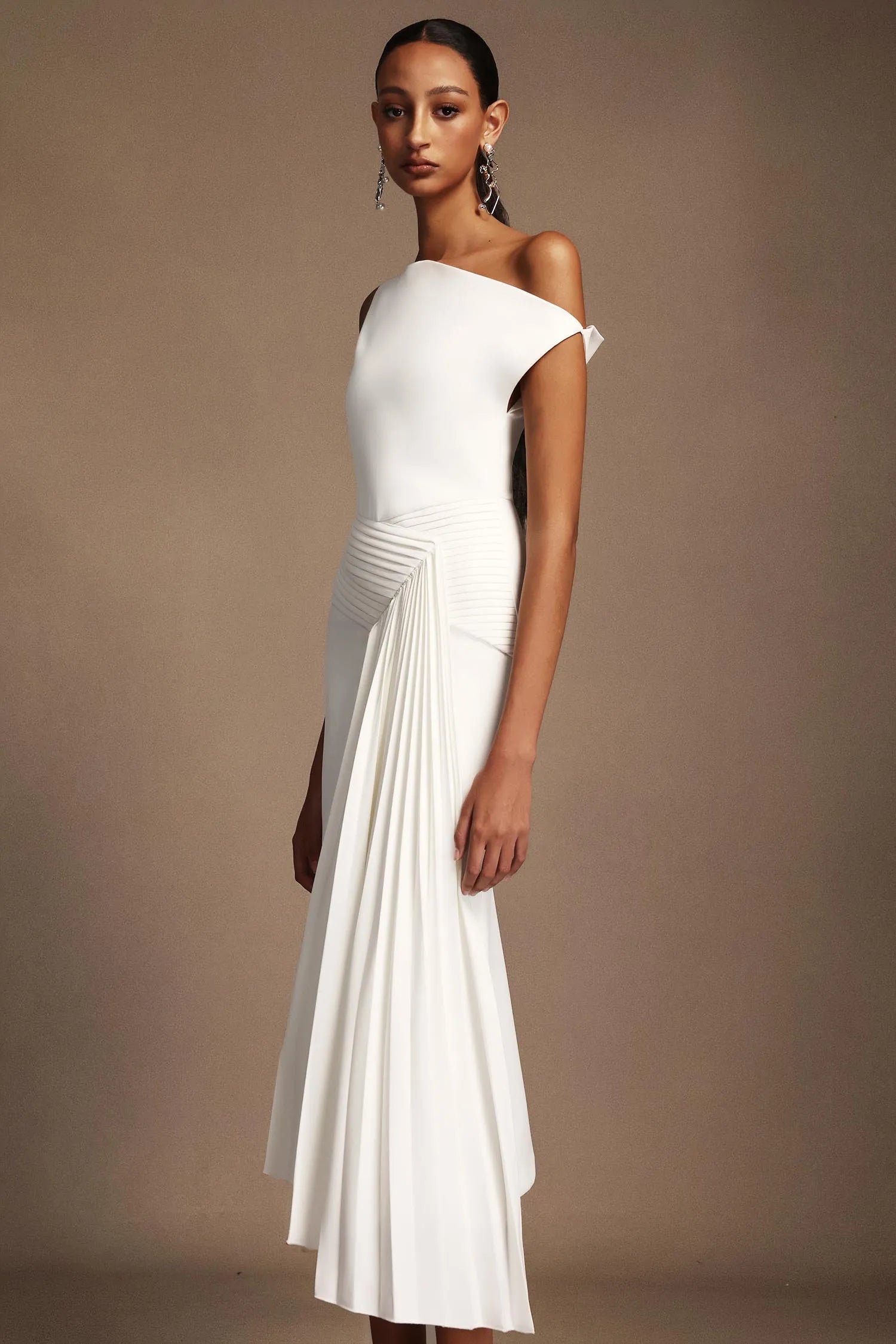 LLstyle One-Shoulder White Draped Midi Dress