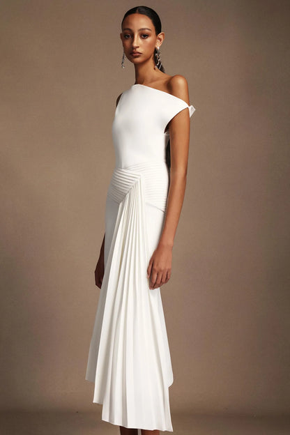 LLstyle One-Shoulder White Draped Midi Dress