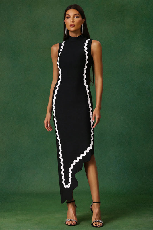 LLstyle Asymmetrical Contrast Trim Midi Dress