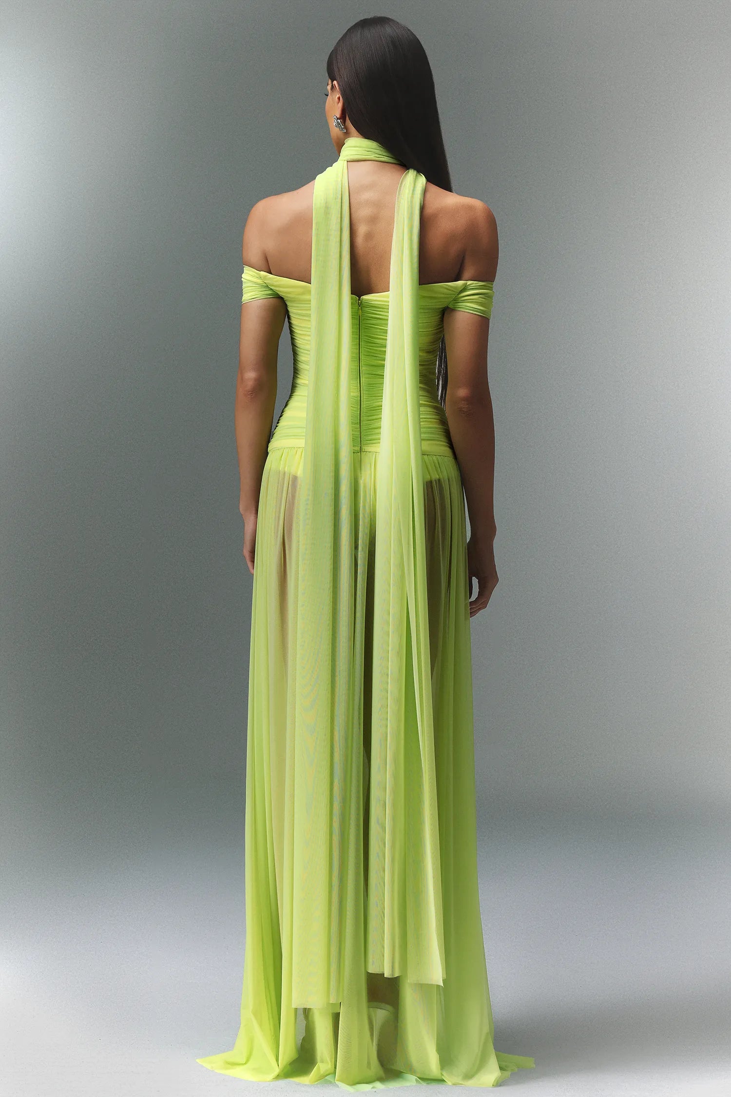 Neon Luxe Off-Shoulder Chiffon Gown