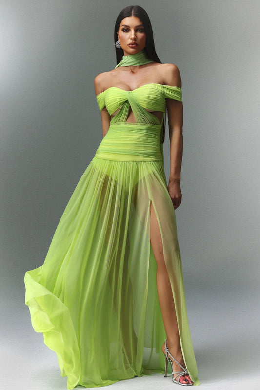 LLStyle Neon Luxe Off-Shoulder Chiffon Gown